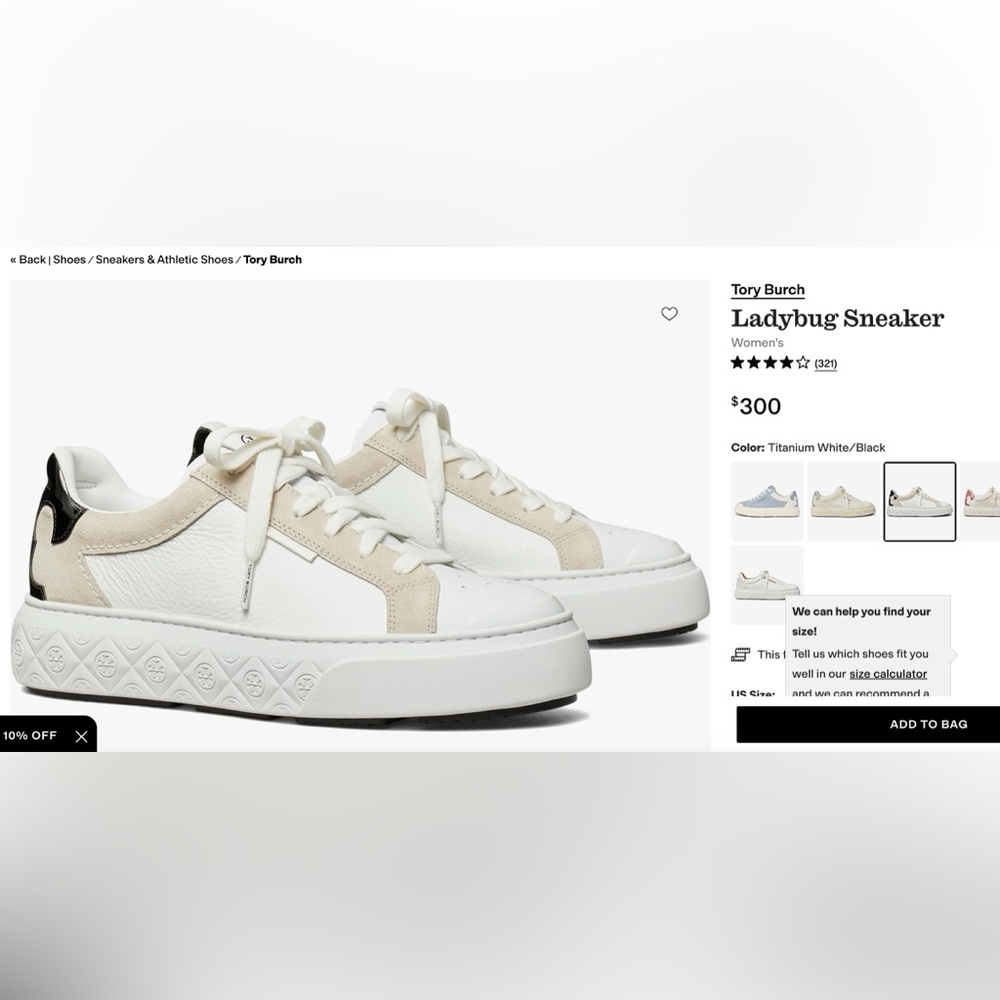 Tory Burch Ladybug Leather Titanium White and Black Sneakers